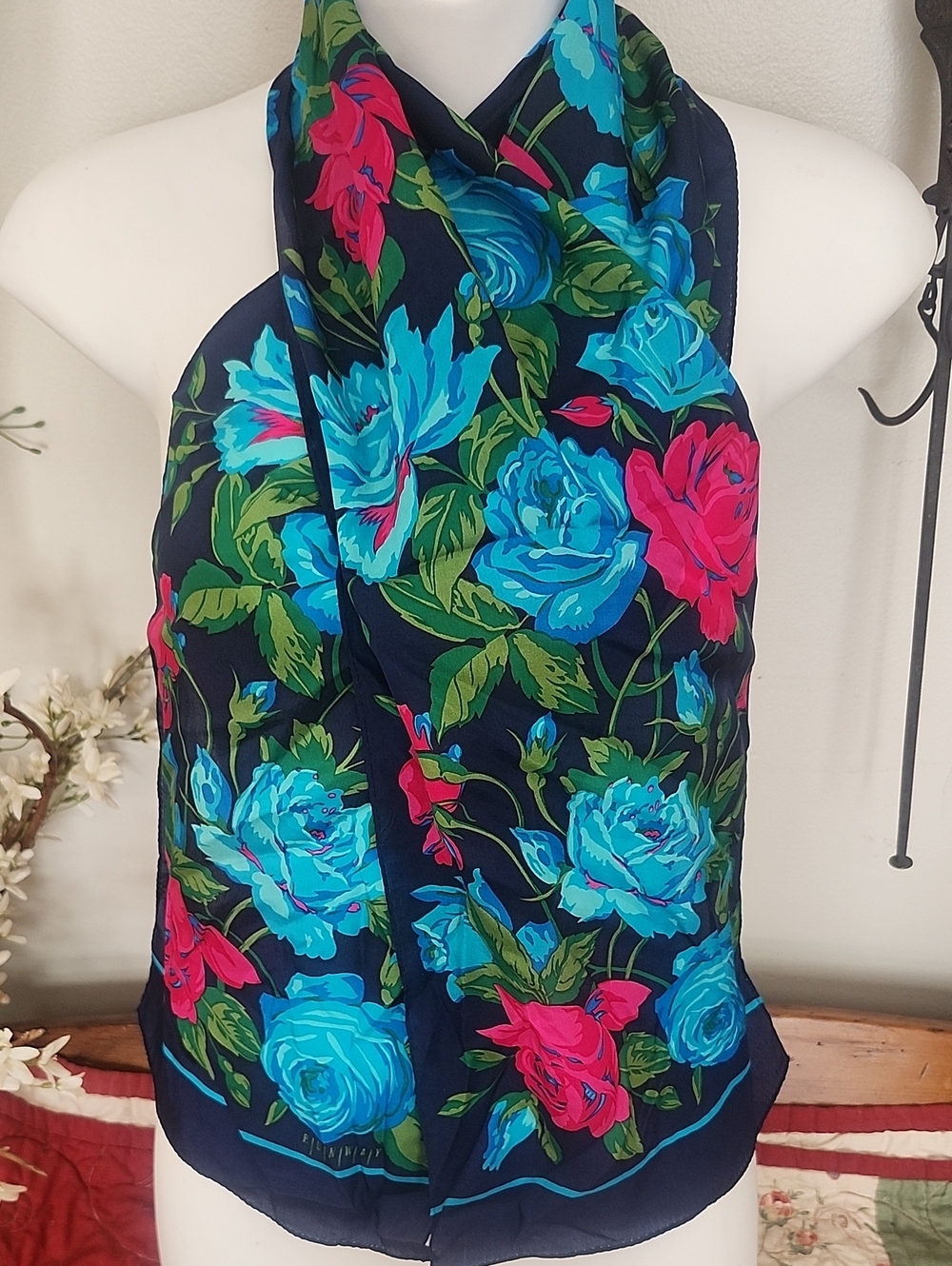 Vtg RUNWAY Floral Navy Silk Scarf with Bright Blue & Pink Roses 10 X 51